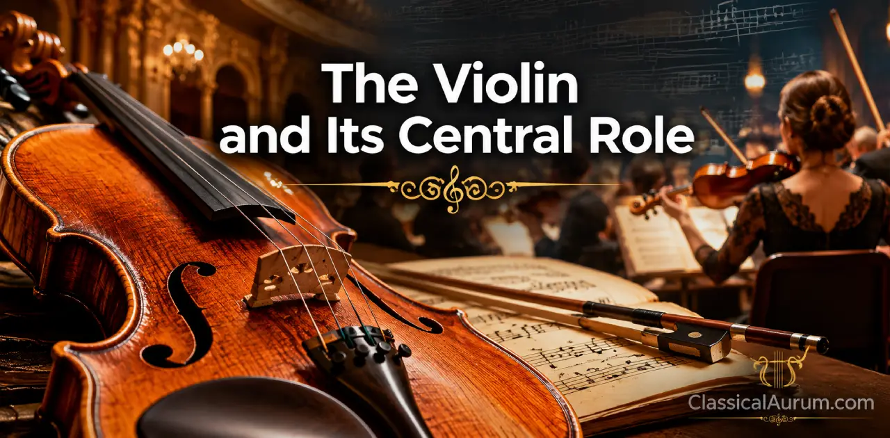 Classical violin under concert hall lights